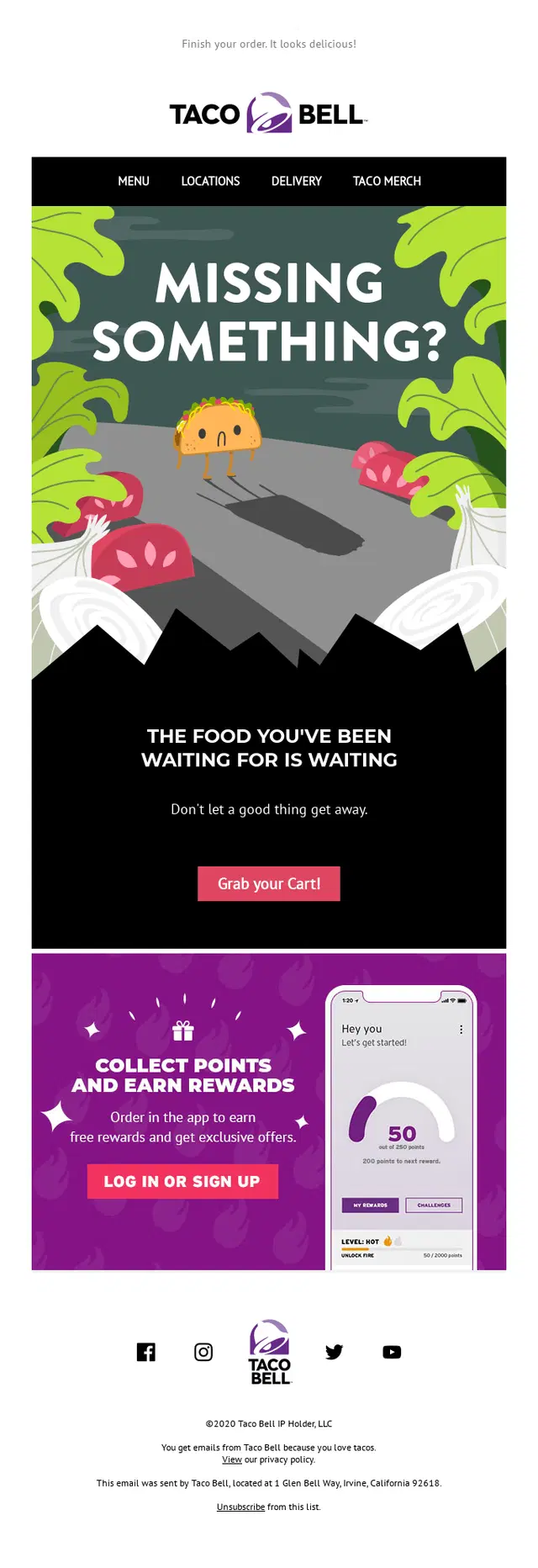 Taco bell abondoned cart email with subject line Your cart is waiting for you