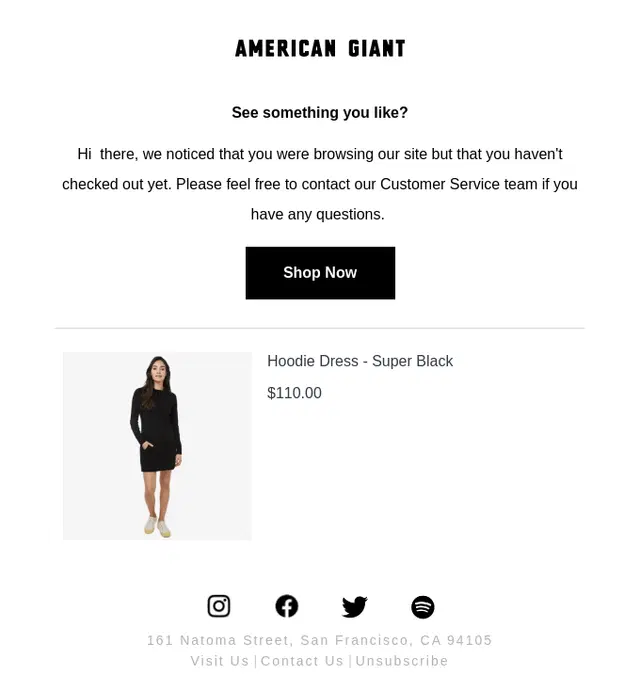 Browse abandonment emails example from american giant with subject line says Did you see something you liked?