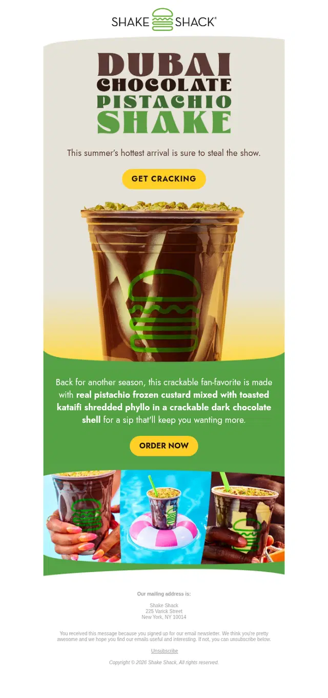 Promotional and seasonal campaigns example from Shack Shack with subject line says A hot shake has entered the Shack