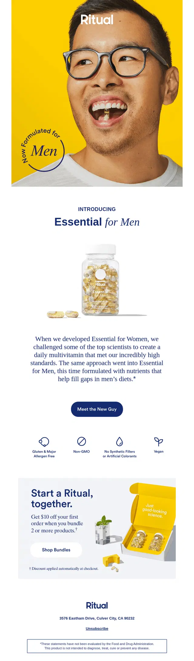 Replenishment emails example from Ritual with subject line says Meet Essential for Men