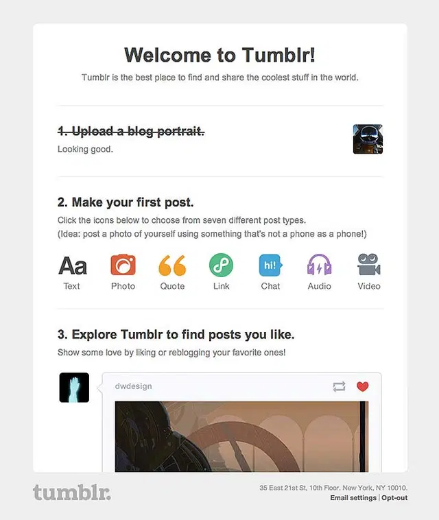 Welcome Email Design from Tumblr
