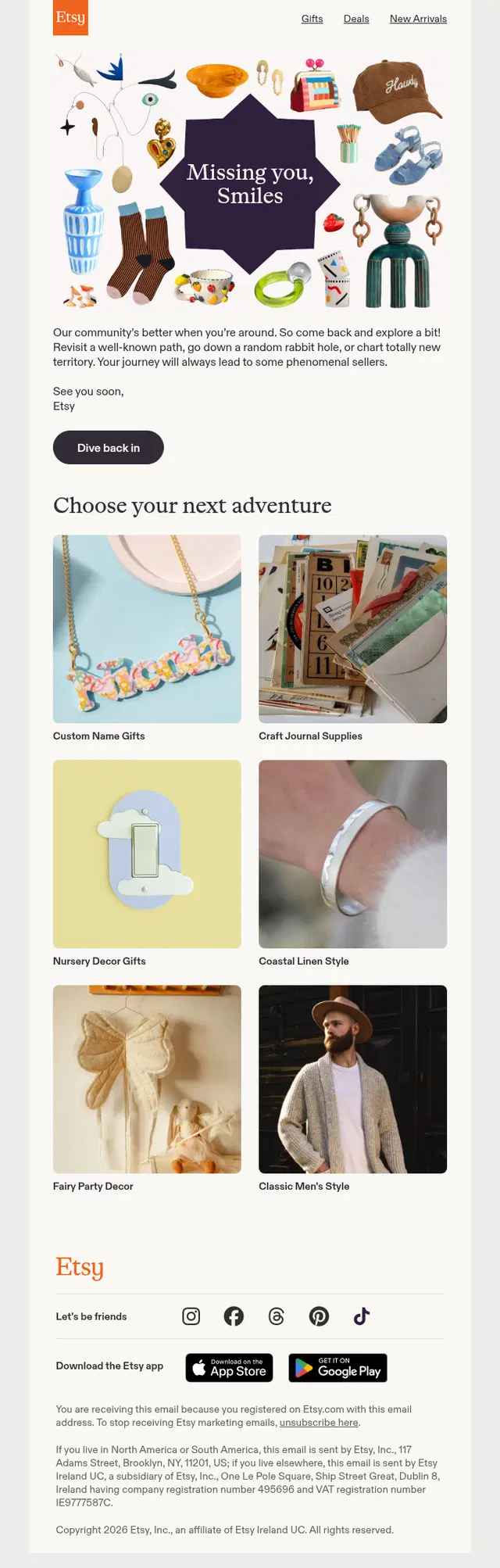 Win-back emails example from Etsy with subject line says We miss you, Smiles 🧡