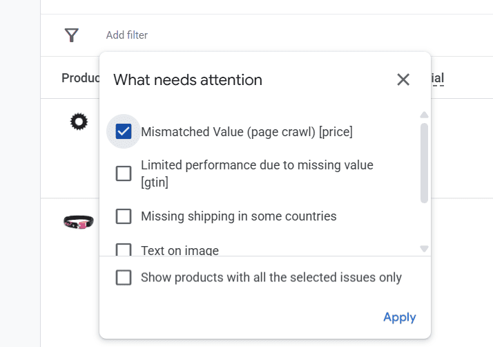 Merchant Center filter selecting Mismatched Value page crawl price