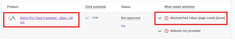 Merchant Center product details comparing submitted price with website-detected price