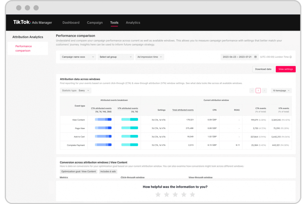 TikTok also provides attribution and performance-comparison tools that help advertisers understand measurement differences across attribution settings